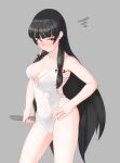  1girl black_hair breasts casual_one-piece_swimsuit cleavage contrapposto dated grey_background hair_ribbon hand_on_hip highres isokaze_(kancolle) kantai_collection long_hair looking_at_viewer maru_(marg0613) medium_breasts one-piece_swimsuit red_eyes ribbon simple_background solo standing swimsuit tress_ribbon twitter_username white_swimsuit 