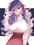  1girl adjusting_eyewear bangs breasts cherry_blossoms collarbone fate/stay_night fate_(series) floral_background flower glasses hair_ribbon hand_up highres huge_breasts large_breasts long_hair long_neck long_sleeves looking_at_viewer matou_sakura parted_lips pink_skirt purple_eyes purple_hair red_ribbon red_skirt ribbon semi-rimless_eyewear shimatori_(sanyyyy) skirt solo sweater sweater_tucked_in symbol_commentary teeth white_sweater 