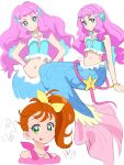  2girls :p blue_eyes bracelet closed_mouth green_eyes hair_ribbon head_fins jewelry kikurage_(crayon_arts) kururun_(precure) laura_(precure) long_hair looking_at_viewer mermaid midriff monster_girl multiple_girls natsuumi_manatsu navel orange_hair pink_hair precure ribbon short_hair side_ponytail simple_background sitting sketch smile tongue tongue_out tropical-rouge!_precure white_background yellow_ribbon 