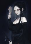  1girl bare_shoulders beads black_background black_hair blue_eyes breasts cleavage commentary detached_sleeves highres large_breasts light_smile lips long_hair nail_polish nat_the_lich original pandora_(nat_the_lich) ponytail revision solo 
