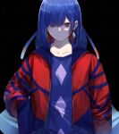  1girl blue_hair collarbone colored_inner_hair earrings expressionless eyebrows_visible_through_hair hand_in_pocket highres isshiki_(ffmania7) jacket jewelry kamitsubaki_studio looking_at_viewer multicolored multicolored_eyes multicolored_hair open_clothes open_jacket red_hair red_jacket rim_(kamitsubaki_studio) short_hair solo two-tone_hair upper_body virtual_youtuber yellow_pupils 