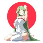  1girl arm_up armpits automatic_giraffe bangs bare_shoulders breasts commentary dress english_commentary forehead_jewel green_hair jewelry kid_icarus kid_icarus_uprising long_hair looking_at_viewer medium_breasts palutena parted_bangs parted_lips red_eyes seductive_smile seiza signature simple_background single_thighhigh sitting smile solo strapless strapless_dress thighhighs very_long_hair white_dress 