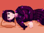  1girl amputee anna_graem bed commission commissioner_upload distortion glitch looking_at_viewer lying on_side pillow pixel_art purple_eyes purple_hair retrocandyart short_hair simple_background smile solo tagme va-11_hall-a 
