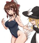  &gt;_&lt; 2girls alternate_costume apron ass_smack bangs black_skirt black_swimsuit black_vest blonde_hair blush bow breasts brown_hair cleavage commentary_request cookie_(touhou) cowboy_shot frilled_bow frilled_hair_tubes frills hair_bow hair_tubes hakurei_reimu hat hat_bow highleg highleg_swimsuit highres kirisame_marisa large_breasts long_hair medium_hair motion_lines multiple_girls nob1109 one-piece_swimsuit open_mouth red_bow red_eyes reu_(cookie) school_swimsuit shirt simple_background skirt swimsuit touhou uzuki_(cookie) vest waist_apron white_apron white_background white_bow white_shirt witch_hat 