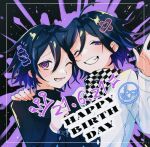  2boys ahoge bangs black_background blue_hair blush checkered checkered_neckwear checkered_scarf commentary_request danganronpa_(series) danganronpa_v3:_killing_harmony dated dual_persona face-to-face grin hand_up hands_up happy_birthday hara_pan-kun jacket looking_at_viewer male_focus medium_hair multiple_boys official_alternate_costume one_eye_closed open_mouth ouma_kokichi purple_background purple_eyes scarf shiny shiny_hair smile upper_body white_jacket 