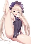  1boy armpits bangs blonde_hair blunt_bangs breasts cum cum_on_clothes elf erection erection_under_clothes fang highres impossible_clothes impossible_leotard leg_up leotard long_hair navel open_mouth otoko_no_ko pointy_ears princess_connect! purple_eyes small_breasts smile solo sparkle twintails user_gskc7888 very_long_hair yuki_(princess_connect!) 