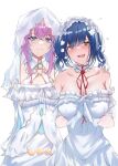  2girls @_@ absurdres bangs bare_shoulders blue_eyes blue_hair blush breasts brown_eyes cleavage closed_mouth collarbone commentary_request dress eyebrows_visible_through_hair flower flying_sweatdrops gloves hair_between_eyes hair_flower hair_ornament hand_on_another&#039;s_shoulder hands_clasped highres long_hair medium_breasts multiple_girls nijisanji nose_blush off-shoulder_dress off_shoulder open_mouth own_hands_together purple_hair see-through simple_background strapless strapless_dress veil virtual_youtuber white_background white_flower white_gloves yamagami_karuta yuki_maccha_(yukimattya10) yuuhi_riri 