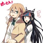  1boy 1girl :d aoki_shizumi bangs beige_jacket bespectacled black_hair black_nails blue_hair commentary_request danganronpa_(series) danganronpa_2:_goodbye_despair dress_shirt eyebrows_visible_through_hair fat fat_man from_side glasses gloves hair_horns hand_up hug hug_from_behind jacket large_hands long_hair looking_at_viewer mioda_ibuki multicolored_hair notice_lines open_clothes open_jacket open_mouth pink_eyes red_hair shirt short_sleeves smile striped striped_gloves sweatdrop togami_byakuya_(danganronpa_2) translation_request upper_body v white_background white_shirt 