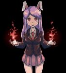  1girl animal_ears bangs black_background black_jacket bunny_ears commentary cookie_(touhou) cowboy_shot eyebrows_visible_through_hair fire highres hisui_(cookie) jacket long_hair looking_at_viewer magic necktie nob1109 open_mouth pink_skirt pleated_skirt purple_hair red_eyes red_neckwear reisen_udongein_inaba shirt simple_background skirt solo swept_bangs touhou white_shirt 