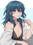  1girl bangs banned_artist bare_shoulders blue_eyes blue_hair breasts byleth_(fire_emblem) byleth_(fire_emblem)_(female) cleavage commentary fire_emblem fire_emblem:_three_houses food food_in_mouth hair_between_eyes hand_up highres holding holding_food long_hair looking_at_viewer medium_breasts off_shoulder popsicle shimizu_akina solo symbol_commentary upper_body 