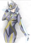  1girl bodysuit breasts camearra color_timer darkness_heels_lili eyebrows_visible_through_hair facial_tattoo grey_hair grey_suit holding holding_weapon horns large_breasts looking_at_viewer personification short_hair tattoo thighhighs tokusatsu tsunashima_shirou ultra_series ultraman_tiga_(series) weapon yellow_eyes 