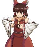  &gt;_&lt; 2girls anger_vein bangs benikurage_(cookie) bow brown_eyes brown_hair closed_mouth commentary_request cookie_(touhou) cowboy_shot detached_sleeves eyebrows_visible_through_hair frilled_bow frilled_hair_tubes frills hair_bow hair_tubes hakurei_reimu highres looking_at_another medium_hair minigirl multiple_girls nob1109 orange_scarf pulling red_bow red_shirt red_skirt ribbon-trimmed_sleeves ribbon_trim sakenomi_(cookie) scarf shirt simple_background skirt sleeveless sleeveless_shirt smile striped striped_scarf touhou triangle_mouth white_background white_sleeves yellow_scarf 