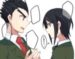  1boy 1girl aoki_shizumi bangs black_hair collared_shirt commentary_request danganronpa:_trigger_happy_havoc danganronpa_(series) freckles from_side green_jacket hand_up ikusaba_mukuro ishimaru_kiyotaka jacket looking_at_another necktie open_mouth red_neckwear shirt short_hair simple_background speech_bubble spiked_hair translation_request upper_teeth v-shaped_eyebrows white_shirt 