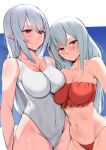  2girls absurdres arknights arm_at_side asymmetrical_docking bangs bikini breast_press breasts cleavage closed_mouth collarbone commentary_request covered_navel frilled_bikini frills gladiia_(arknights) hair_between_eyes highres large_breasts long_hair looking_at_viewer multiple_girls navel one-piece_swimsuit outside_border pointy_ears red_bikini red_eyes silver_hair skadi_(arknights) smile swimsuit white_swimsuit xperiajoker 