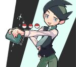  1boy :d black_hair buttons commentary_request cowboy_shot frontier_brain green_eyes green_hair green_neckwear green_pants half-closed_eyes hand_on_hip highres holding looking_at_viewer male_focus multicolored_hair necktie open_mouth outstretched_arm pants poke_ball_symbol pokemon pokemon_(game) pokemon_dppt pokemon_platinum smile solo thorton_(pokemon) tongue tora_(ctiger) twitter_username two-tone_hair 