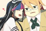  1boy 1girl :d aoki_shizumi bangs black_hair blonde_hair blue_hair blunt_bangs brown_jacket closed_eyes commentary_request danganronpa_(series) danganronpa_2:_goodbye_despair dress_shirt fat fat_man glasses grey_background hair_horns heart jacket long_hair looking_at_another medium_hair mioda_ibuki multicolored_hair necktie open_clothes open_jacket open_mouth pink_hair portrait school_uniform shirt short_sleeves simple_background smile teeth togami_byakuya_(danganronpa_2) white_hair white_shirt 