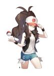  1girl baseball_cap black_vest blue_eyes blue_shorts brown_hair closed_mouth commentary_request cropped_legs denim denim_shorts hand_on_headwear hat high_ponytail highres hilda_(pokemon) korean_commentary long_hair open_clothes open_vest poke_ball poke_ball_(basic) poke_mong pokemon pokemon_(game) pokemon_bw ponytail shirt short_shorts shorts simple_background sleeveless sleeveless_shirt solo standing torn_clothes torn_shorts vest white_background white_shirt wristband 