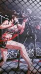  1girl black_gloves black_shorts blood boxing_ring breasts brown_hair cleavage clenched_hands crowd fence fighting fighting_stance glasses gloves hair_behind_ear highres hololive hololive_english j-chad large_breasts long_hair mma_gloves parted_lips pointy_ears ponytail set7 shorts skeleton sweat torn_clothes 
