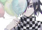  1boy balloon bangs checkered closed_mouth danganronpa_(series) danganronpa_v3:_killing_harmony dated hand_up happy_birthday highres holding joh_pierrot looking_at_viewer male_focus ouma_kokichi portrait purple_eyes short_hair smile solo upper_body 
