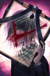  1boy 50k_v3 bangs black_jacket blood blood_on_face broken_glass checkered checkered_scarf commentary_request danganronpa_(series) danganronpa_v3:_killing_harmony glass hair_between_eyes hand_up holding iei jacket long_sleeves looking_at_viewer male_focus ouma_kokichi pink_background purple_eyes scarf short_hair solo upper_body weapon white_background 