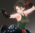  armpits black_background black_gloves brown_eyes brown_hair fighting_stance flying_sweatdrops gloves green_tank_top justice_gakuen kazama_akira open_mouth outstretched_arm ryu0120 scowl short_hair simple_background skull_print steam steaming_body street_fighter street_fighter_v sweat tank_top teeth 