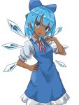 1girl annyui_(cookie) bangs blue_dress blue_eyes blue_hair bow cirno commentary cookie_(touhou) dark-skinned_female dark_skin dress feet_out_of_frame hair_bow highres ice ice_wings looking_at_viewer neck_ribbon nob1109 open_mouth pinafore_dress puffy_short_sleeves puffy_sleeves red_neckwear red_ribbon ribbon shirt short_hair short_sleeves simple_background solo tan tanned_cirno touhou white_background white_shirt wing_collar wings 