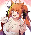  1girl :d absurdres ahoge animal_ears bangs bare_shoulders blonde_hair blunt_bangs blush bow breasts camisole claw_pose cleavage collarbone diagonal-striped_bow extra_ears eyebrows_visible_through_hair fangs highres hinghoi hololive horn_bow horn_ornament horns jewelry kiryu_coco large_breasts long_hair long_sleeves looking_at_viewer multicolored multicolored_eyes multicolored_hair necklace official_alternate_costume open_mouth orange_hair pointy_ears purple_eyes red_eyes skin_fangs slit_pupils smile solo streaked_hair striped striped_bow twintails upper_body virtual_youtuber white_camisole 