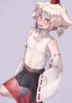  1boy absurdres animal_ears bangs black_skirt blush commentary_request cookie_(touhou) covered_navel covered_nipples detached_sleeves erection erection_under_clothes eyebrows_visible_through_hair foot_out_of_frame fuka_(kantoku) genderswap genderswap_(ftm) grey_background hat highres inubashiri_momiji kneeling kuso_inu_(cookie) looking_at_viewer male_focus open_mouth pom_pom_(clothes) red_eyes red_skirt ribbon-trimmed_sleeves ribbon_trim see-through shirt short_hair simple_background skirt sleeveless sleeveless_shirt solo tokin_hat touhou two-tone_skirt white_hair white_shirt white_sleeves wolf_ears 