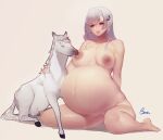  1girl absurdres bestiality breast_feeding breasts dark_nipples highres horse lactation nipples pregnant 