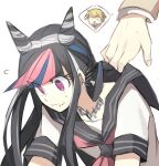  1girl :3 aoki_shizumi bangs black_hair black_sailor_collar blue_hair clothes_pull collarbone danganronpa_(series) danganronpa_2:_goodbye_despair ear_piercing eyebrows_visible_through_hair flying_sweatdrops grey_background hair_horns jewelry long_hair mioda_ibuki multicolored_hair neckerchief necklace piercing pink_eyes pink_hair sailor_collar school_uniform serafuku shirt shirt_pull short_sleeves solo_focus togami_byakuya_(danganronpa_2) upper_body white_background white_hair white_shirt 