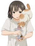  1girl animal_on_shoulder animal_print artist_name bird_print black_hair brown_eyes can cat cat_on_shoulder mattaku_mousuke medium_hair open_mouth opening_can original shirt sweatdrop t-shirt upper_body watermark white_background 