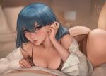  1girl adjusting_hair artist_name ass bare_shoulders bed black_bra black_panties blue_eyes blue_hair blurry blurry_background blush bra breasts byleth_(fire_emblem) byleth_(fire_emblem)_(female) cleavage closed_mouth fire_emblem fire_emblem:_three_houses hair_between_eyes indoors kittew lampshade lying medium_hair on_stomach panties pillow shirt sleeves_past_wrists underwear white_shirt 