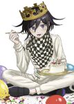  1boy balloon black_footwear black_hair cake candle checkered checkered_scarf crown danganronpa_(series) danganronpa_v3:_killing_harmony eating flipped_hair food food_on_face fork fruit grey_jacket grey_pants highres indian_style jacket long_sleeves looking_at_viewer male_focus open_mouth ouma_kokichi pants purple_eyes renshu_usodayo scarf short_hair simple_background sitting smile solo straitjacket tongue tongue_out white_background 