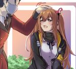  1boy 1girl 3_small_spiders bangs black_jacket black_scarf blush brown_hair commander eyebrows_visible_through_hair girls&#039;_frontline hair_between_eyes hair_ribbon headpat highres jacket long_hair long_sleeves mask military military_uniform mouth_mask musical_note open_clothes open_jacket open_mouth ribbon scarf shirt solo_focus surgical_mask twintails ump9_(girls&#039;_frontline) uniform white_shirt 