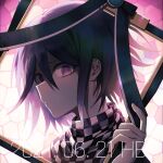  0930nv3 1boy bangs checkered checkered_scarf closed_mouth commentary_request danganronpa_(series) danganronpa_v3:_killing_harmony dated from_side hand_up happy_birthday highres holding iei looking_at_viewer male_focus ouma_kokichi portrait purple_eyes purple_hair scarf serious solo 