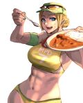  1girl 6maker abs armband baseball_cap blonde_hair blue_eyes breasts curry curry_rice eyewear_on_head fingernails food food_on_face hair_bun hat highres large_breasts looking_at_viewer lucia_morgan muscular muscular_female navel official_alternate_costume open_mouth parted_hair rice short_hair sidelighting solo street_fighter street_fighter_v sunglasses swimsuit tankini updo white_background yellow_swimsuit 