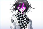  1boy bangs black_hair blood blood_on_face blush buttons checkered checkered_neckwear checkered_scarf commentary_request danganronpa_(series) danganronpa_v3:_killing_harmony grey_background grey_jacket grin hair_between_eyes hambagseu jacket looking_at_viewer male_focus medium_hair ouma_kokichi pink_blood purple_eyes scarf smile solo straitjacket upper_body 
