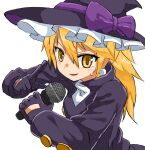  1boy bangs black_gloves black_headwear black_jacket blonde_hair bow commentary_request cookie_(touhou) eyebrows_visible_through_hair genderswap genderswap_(ftm) gloves hair_between_eyes hat hat_bow highres holding holding_microphone jacket kirisame_marisa long_hair looking_at_viewer male_focus microphone nob1109 open_mouth otoko_no_ko purple_bow rei_(cookie) simple_background solo touhou upper_body white_background witch_hat yellow_eyes 
