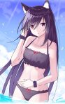  1girl animal_ear_fluff animal_ears arknights black_swimsuit cat_ears cat_girl cat_tail collarbone cowboy_shot dutch_angle eyebrows_visible_through_hair highres long_hair looking_at_viewer melantha_(arknights) midriff nagisa_(cxcx5235) navel outdoors purple_eyes purple_hair sky solo swimsuit tail wading water wristband 