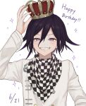  1boy alternate_headwear arm_up bangs black_hair blush checkered checkered_background checkered_scarf commentary_request crown danganronpa_(series) danganronpa_v3:_killing_harmony dated fangs grin hair_between_eyes happy_birthday highres looking_at_viewer mado_hara male_focus ouma_kokichi purple_eyes scarf simple_background smile solo sparkle teeth white_background 