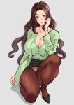  1girl black_footwear black_skirt breasts brown_hair brown_legwear cardigan cleavage green_cardigan green_shirt grey_eyes large_breasts long_hair looking_at_viewer mature_female miniskirt mole mole_under_eye office_lady original pantyhose shirt skirt squatting yukiyanagi 