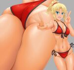  1girl ass bikini bikini_pull blush breasts clothes_pull double_v fate/grand_order fate_(series) front-tie_bikini front-tie_top hair_ornament hair_scrunchie highres long_hair looking_at_viewer medium_breasts misumi_takasumi mordred_(fate)_(all) mordred_(swimsuit_rider)_(fate) multiple_views navel open_mouth red_bikini red_scrunchie scrunchie shiny shiny_hair shiny_skin side-tie_bikini smile standing string_bikini surfing swimsuit tan tanline v 
