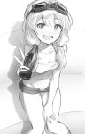  1girl absurdres breasts character_request fankupl goggles goggles_on_head greyscale groin hair_ornament hand_on_own_knee highres looking_at_viewer monochrome navel raised_eyebrows shadow short_shorts shorts side_ponytail sketch small_breasts smile soda_bottle solo strapless tubetop unbuttoned_shorts v world_witches_series 