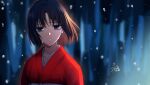 1girl bangs black_hair blurry blurry_background brown_hair commentary_request crying crying_with_eyes_open depth_of_field eyebrows_visible_through_hair gogatsu_fukuin grey_eyes hair_between_eyes highres japanese_clothes kara_no_kyoukai kimono looking_at_viewer multicolored_hair red_kimono ryougi_shiki solo tears two-tone_hair upper_body water_drop 