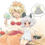  2girls alternate_costume animal_ear_fluff animal_ears bangs biyon black_hair blonde_hair bloomers chemise closed_eyes dot_mouth fan grey_hair hair_ornament hot mouse mouse_ears mouse_tail multiple_girls nazrin o-ring o-ring_top open_mouth orange_skirt paper_fan red_eyes road short_hair sitting skirt spoken_object star_(symbol) street sweat tail tan tanline toramaru_shou touhou uchiwa ufo underwear watermelon_slice 