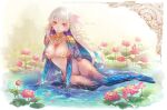  byuura_(sonofelice) demon_girl earrings fate/grand_order fate_(series) flower hair_ribbon high_heels jewelry kama_(fate) long_hair looking_at_viewer lotus necklace petals red_eyes revealing_clothes ribbon sitting very_long_hair water white_hair 