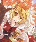  2girls animal_ears autumn_leaves biyon black_hair blonde_hair closed_eyes commentary_request day dress grey_hair hagoromo hair_ornament leaning_forward looking_at_viewer mouse_ears multicolored_hair multiple_girls nazrin open_mouth outdoors red_dress shawl shirt short_hair solo_focus streaked_hair tiger_stripes toramaru_shou touhou tree two-tone_hair upper_body white_shirt yellow_eyes 