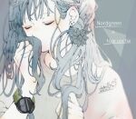  1girl artist_name bangs blush closed_eyes copyright_name covering_mouth dated earrings flower grey_flower grey_shirt hair_behind_ear hair_flower hair_ornament hands_up highres jewelry nordgreen original shirt signature solo toaruocha watch wristwatch 