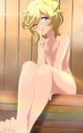  1girl areola_slip areolae arm_between_legs blonde_hair blush breasts chromatic_aberration elfnein finger_to_mouth green_eyes highres looking_at_viewer mole mole_under_eye nude one_eye_closed sauna senki_zesshou_symphogear short_hair shushing small_breasts smile solo tanashi_(mk2) 