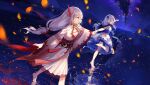  2girls bangs bare_shoulders barefoot benghuai_xueyuan blue_eyes chinese_clothes closed_mouth cloud cloudy_sky dress flower fu_hua fu_hua_(phoenix) full_body hair_between_eyes hair_flower hair_ornament highres honkai_(series) honkai_impact_3rd leg_up long_hair long_sleeves looking_at_another looking_to_the_side multicolored_hair multiple_girls night night_sky official_art open_mouth outdoors petals petals_on_liquid pointing red_eyes side_ponytail sky smile standing standing_on_one_leg streaked_hair theresa_apocalypse walking walking_on_liquid white_dress white_hair 